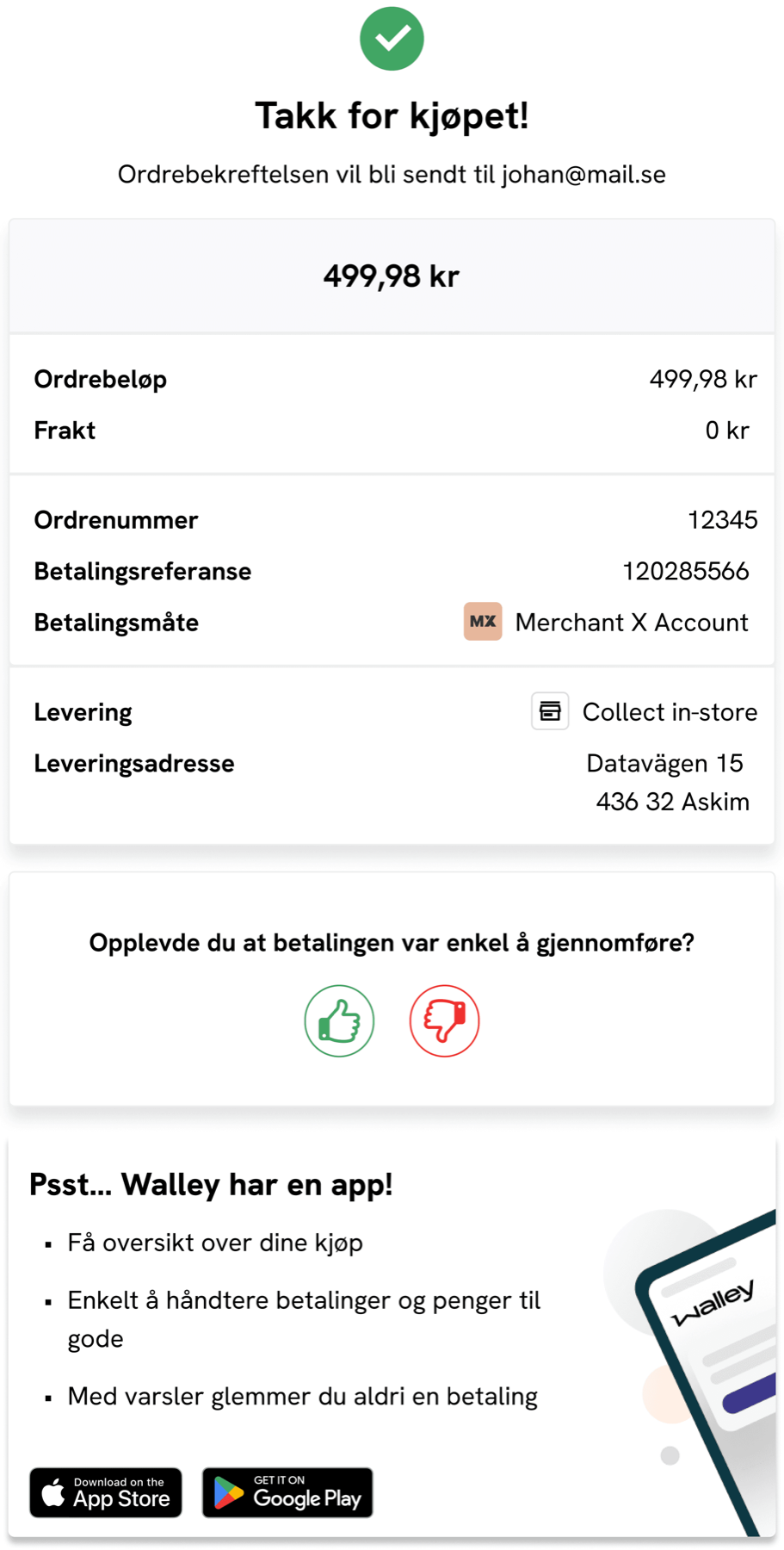 The same order confirmation in Norwegian: 'Takk for kjøpet!', paid with Merchant X Account, collect in-store delivery, and App Store and Google Play badges.