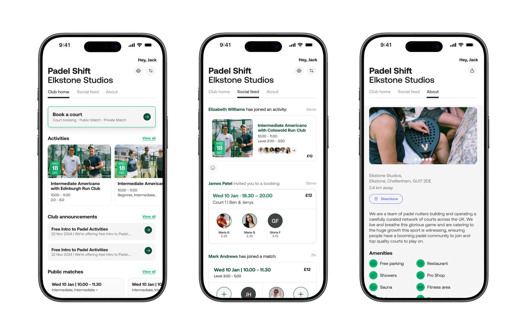 Three phone screens from a club's Nettla app: club home with court booking, a social feed of player activity, and the club's about page.